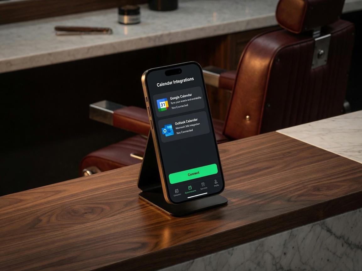 iPhone on a barber station showing Google and Outlook calendar sync