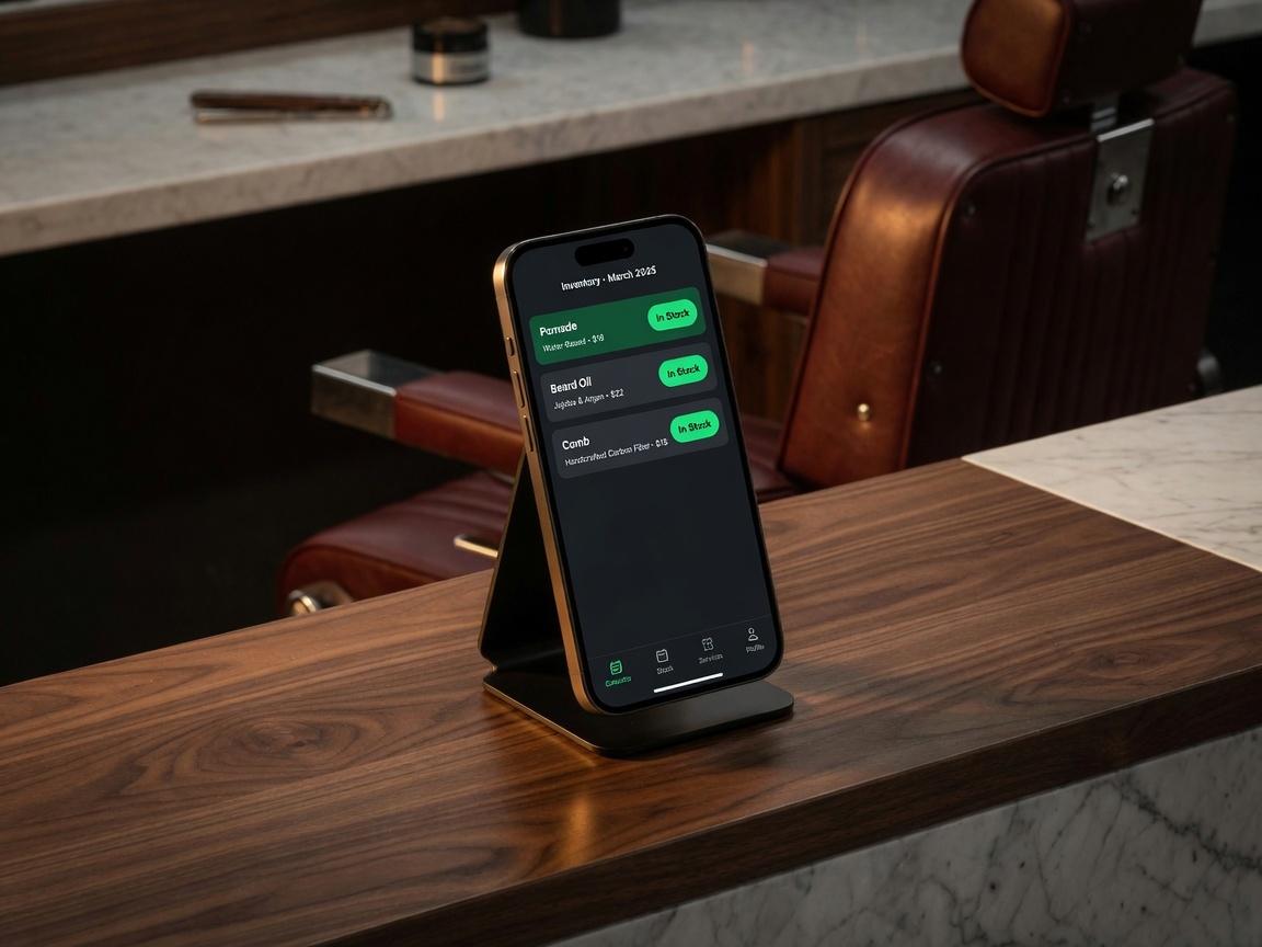 iPhone on a barber station showing retail inventory
