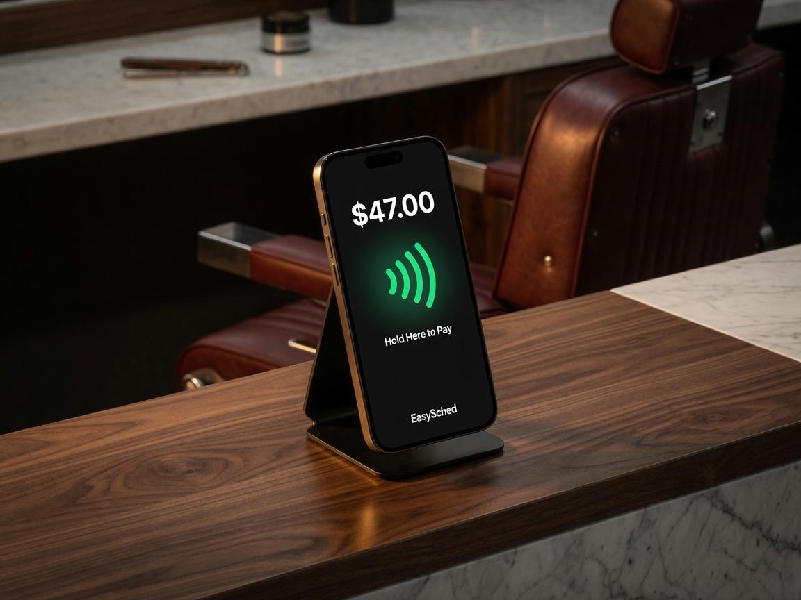 iPhone on a barber station ready for Tap to Pay