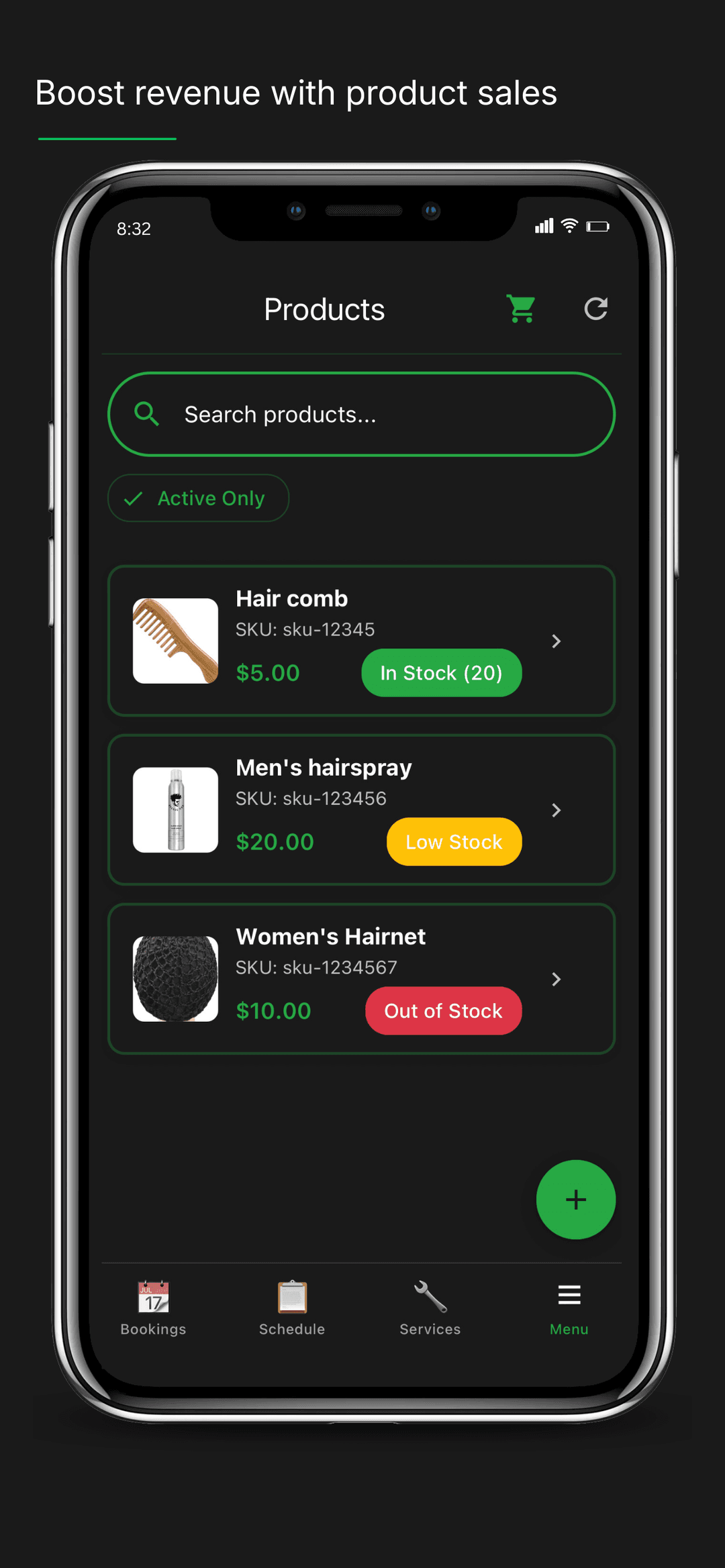 Barber retail and inventory management — sell products at checkout and track stock automatically
